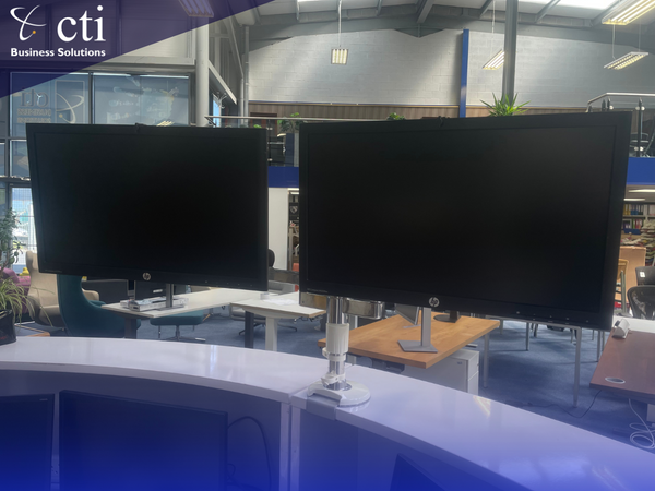 Dual Monitor Screens (2) & Humanscale Dual Monitor Arms (Grade A)